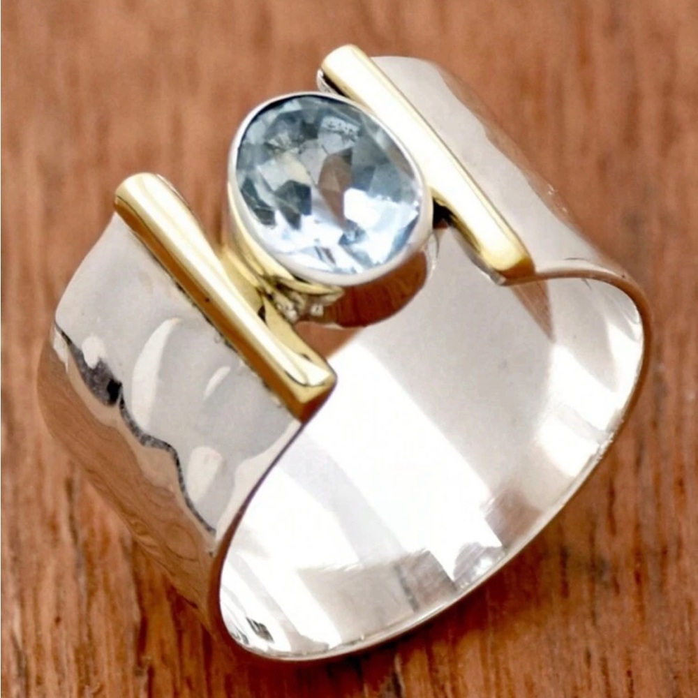 Sculptural Silver and Gold Ring with Blue Gemstone